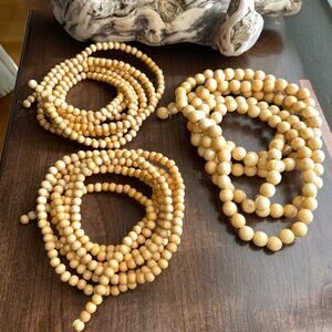3 Vintage beaded wood garland natural color Christmas holiday decor 110”